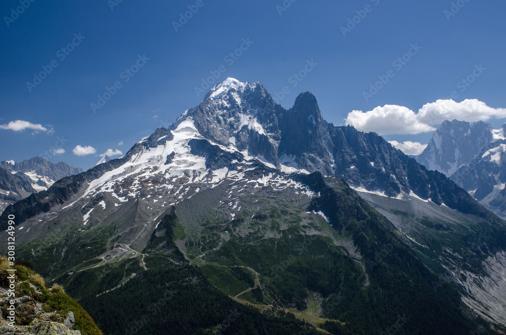 Landscapes across Chamonix valley in France, wonderful view of the top of Petit Drew