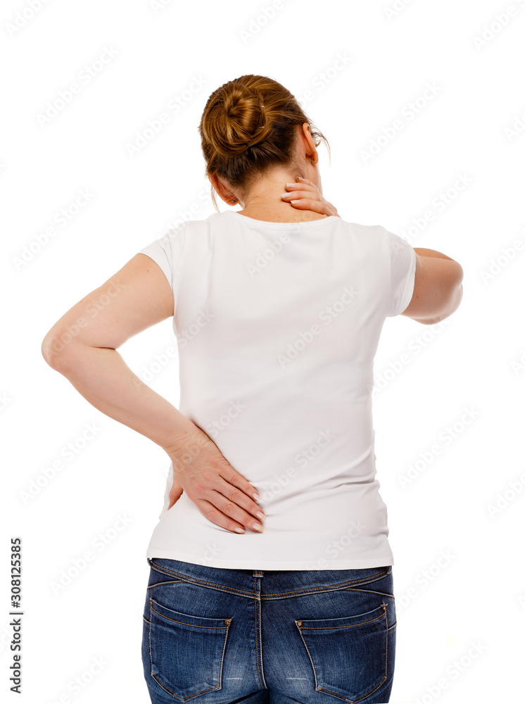 Woman massaging back pain on white background Woman massaging back pain on white background