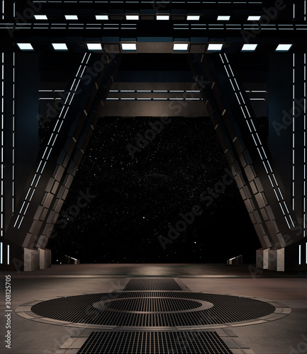 sci fi  corridor with view of space galaxy 3d rendering