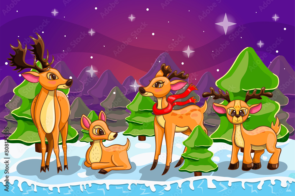 Winter landscape with tree and deer family Winter landscape with tree and deer family
