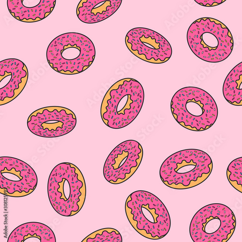 Donuts seamless pattern with pink glaze isometric retro comics pop style on pink background