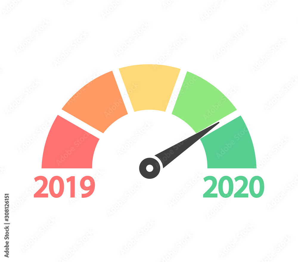 Colored scale. Scale with arrow from 2019 year to 2020 year. Vector illustration. Colored scale. Scale with arrow from 2019 year to 2020 year. Vector illustration.