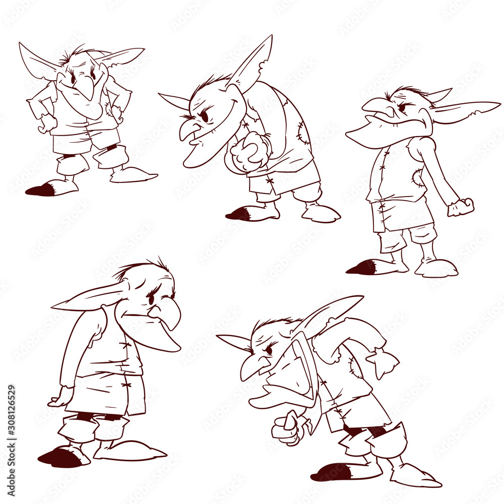 Fototapeta premium Set of vector outline drawings of trolls or goblins