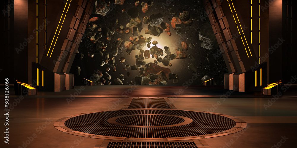 Obraz premium sci fi corridor with view of space galaxy 3d rendering