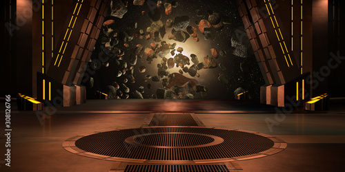 Fototapeta Naklejka Na Ścianę i Meble -  sci fi  corridor with view of space galaxy 3d rendering
