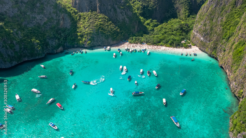 Aerial view of iconic tropical Maya Bay,Phi Phi islands, Thailand	