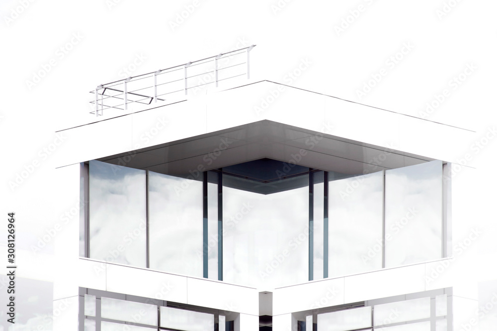 Digital collage on the subject of modern architecture. Angular terrace roof with steel balustrade. Minimalist business building. Structural glazing with reflections of clouds. Digital collage on the subject of modern architecture. Angular terrace roof with steel balustrade. Minimalist business building. Structural glazing with reflections of clouds.