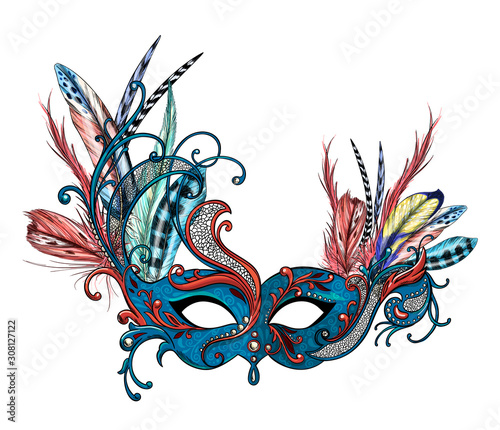 Luxury carnival mask with feathers, full color hand drawn