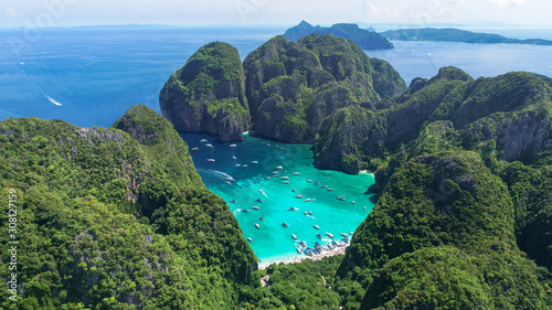 Aerial view of iconic tropical Maya Bay,Phi Phi islands, Thailand 