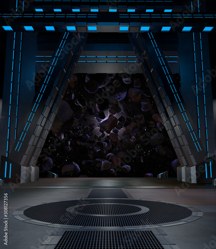 sci fi  corridor with view of space galaxy 3d rendering