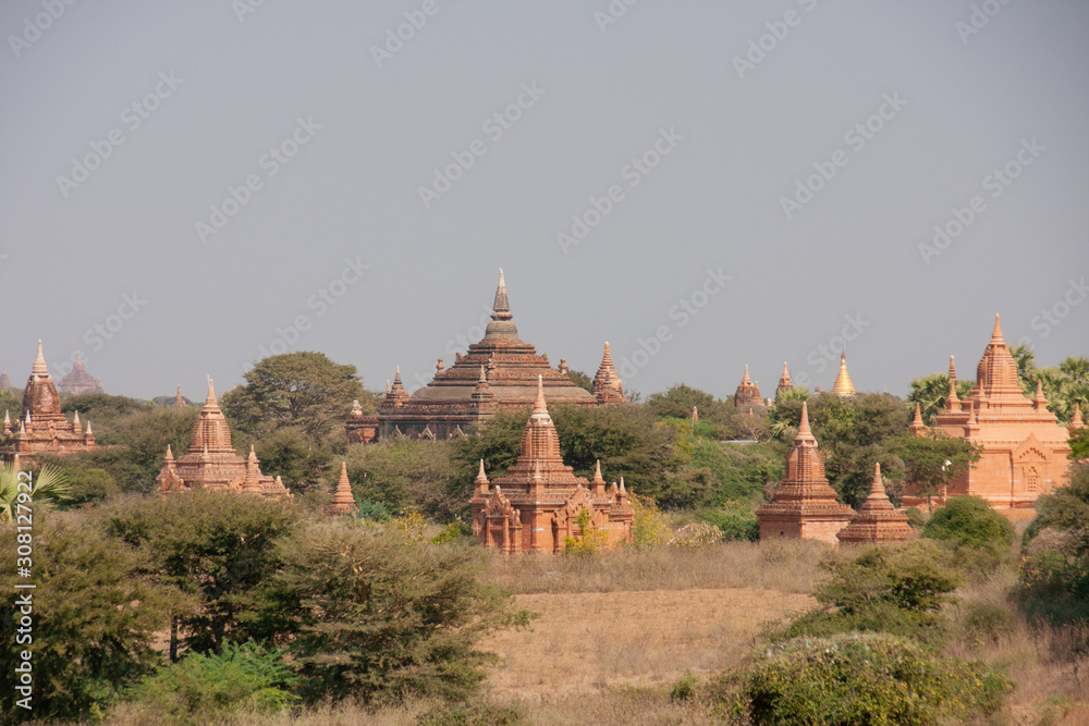 A collection of pagoda made of clay in Myanmar surrounded by small trees in the early afternoon with some dust in the air