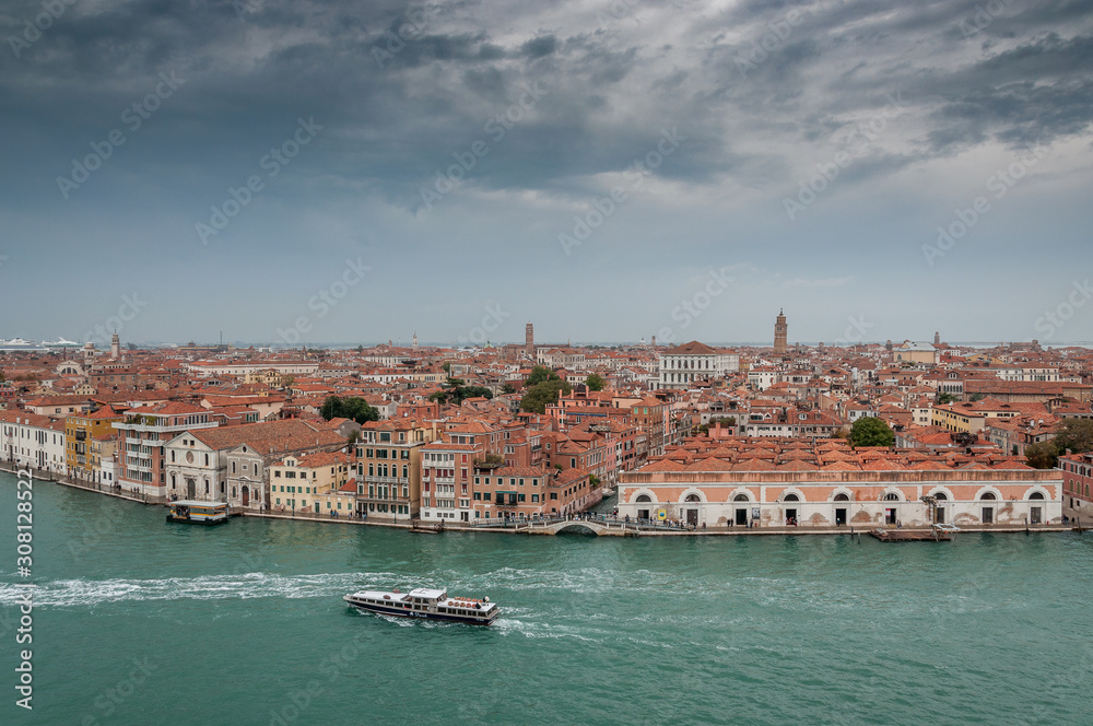 Venice aerial view from Giudecca channel, Venice, Italy. Concept: historic Italian places, evocative and little-known views of Venice