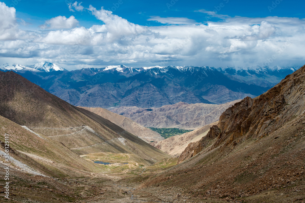 Ladakh, India - Aug 09 2019 - Beautiful scenic view from Between Pangong Tso and Leh in Ladakh, Jammu and Kashmir, India.