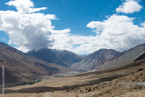Ladakh, India - Aug 09 2019 - Beautiful scenic view from Between Pangong Tso and Leh in Ladakh, Jammu and Kashmir, India.