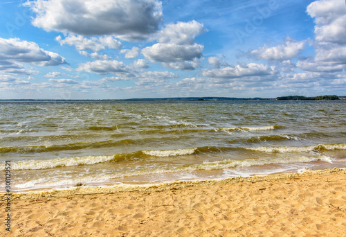 Windy day on the beach at Zaslavsky reservoir. photo