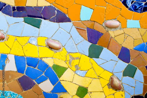 Elements of ceramic decoration in the Park Guell, Barcelona, Catalonia, Spain