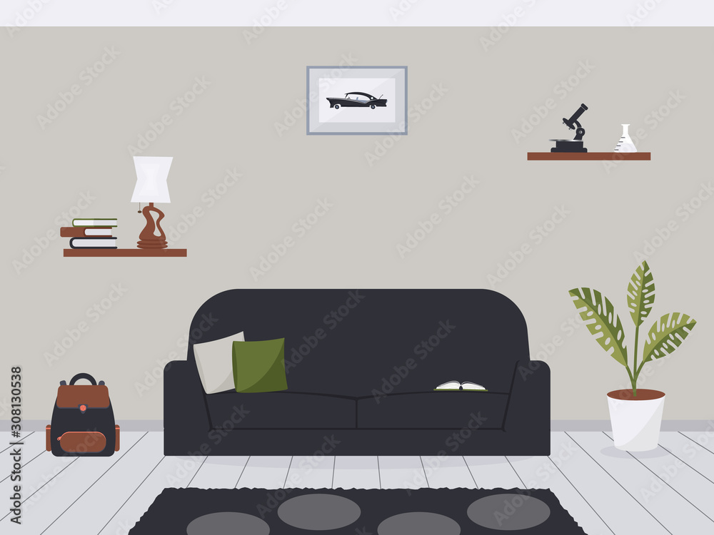 Home interior boy teenager room . Furniture pieces in schoolboy place. Vector illustration. Trendy living room furniture. Sofa, schoolbag , microscope, lamp, books and houseplant on grey background Home interior boy teenager room . Furniture pieces in schoolboy place. Vector illustration. Trendy living room furniture. Sofa, schoolbag , microscope, lamp, books and houseplant on grey background