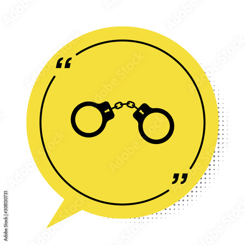 Black Handcuffs icon isolated on white background. Yellow speech bubble symbol. Vector Illustration