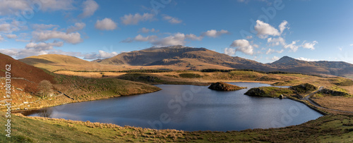 Panoramic views of Llyn y Dywarchen, and Snowdon in the Snowdonia National Park, Wales.