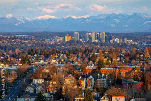 Suburbs and downtown of Bellevue in sunrise light, WA