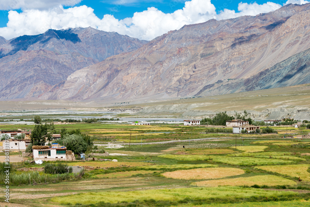 Zanskar, India - Aug 15 2019 - Beautiful scenic view from Between Karsha and Padum in Zanskar, Ladakh, Jammu and Kashmir, India.