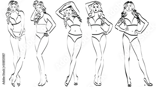 Silhouettes of girls in various poses on a white background. Line work. Photoshooting.