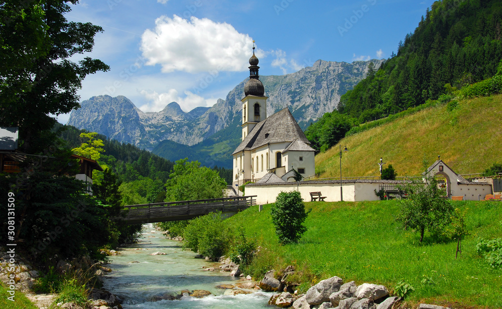Beautiful view of the Church by the river. Ramsau, Bavaria, Germany