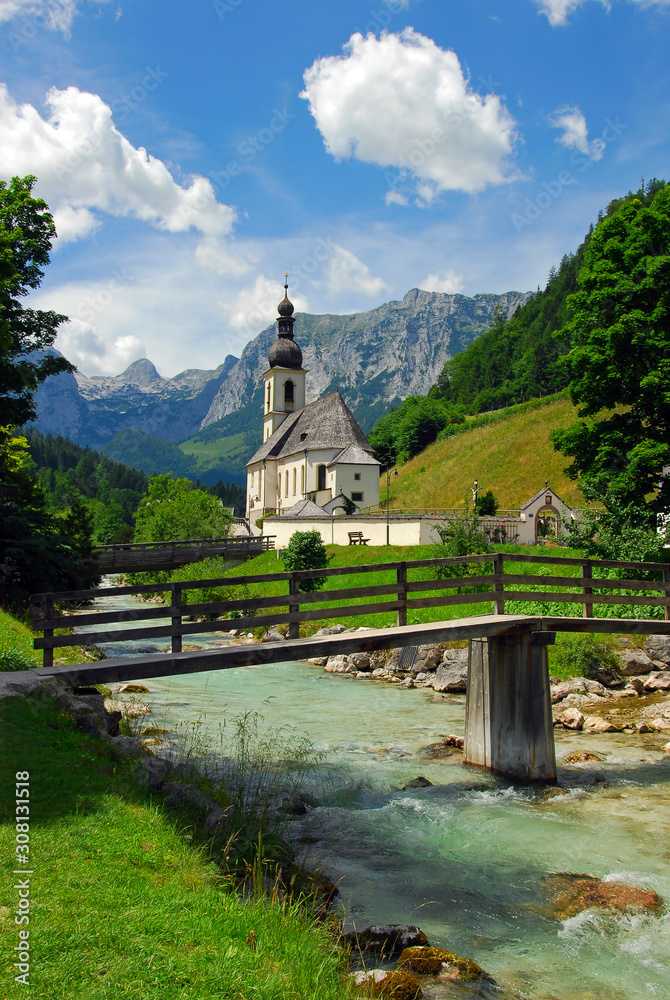 Beautiful view of the Church by the river. Ramsau, Bavaria, Germany Beautiful view of the Church by the river. Ramsau, Bavaria, Germany