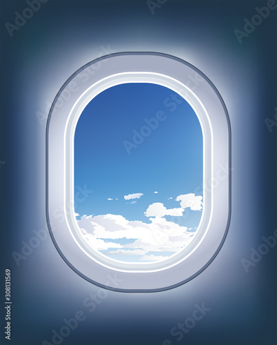 Vector airplane window. Airplain illuminator and sky