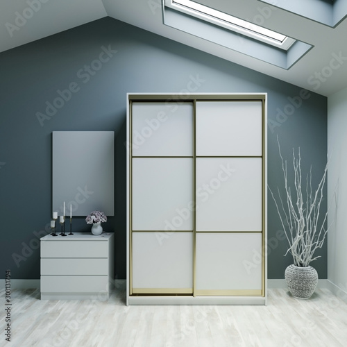 White wardrobe in a bright interior. 3d render. photo