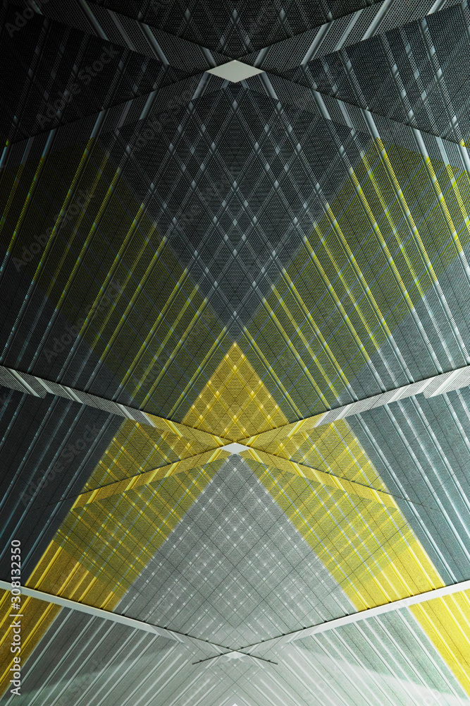 Obraz premium Computer graphics resembling architectural structure of panels. Abstract modern architecture background. Geometric pattern of parallel lines and angular or polygonal structure.