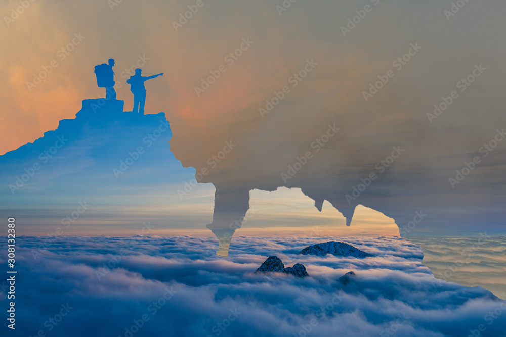 Obraz premium Two men standing on s rock and pointing to the distance. Mountain explorer collage. Double exposure of hikers with backpacks on a moutain view. Background or wallpaper image with landscape sunset.