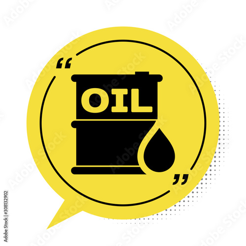 Black Oil barrel icon isolated on white background. Oil drum container. For infographics, fuel, industry, power, ecology. Yellow speech bubble symbol. Vector Illustration