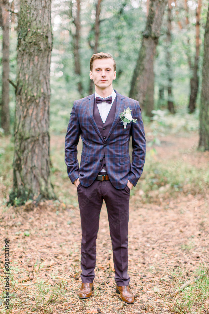 Full length portrait of the groom in a suit and a bow tie. Handsome elegant groom in checkered suit is standing in the forest Full length portrait of the groom in a suit and a bow tie. Handsome elegant groom in checkered suit is standing in the forest