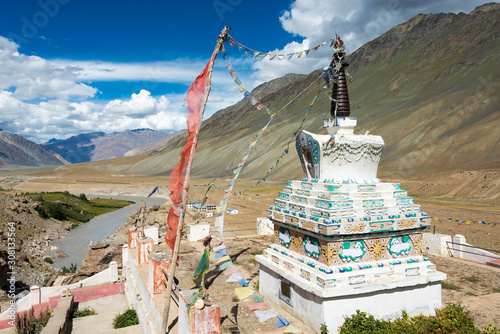 Zanskar, India - Aug 15 2019 - Stupa at Padum Village in Zanskar, Ladakh, Jammu and Kashmir, India. photo