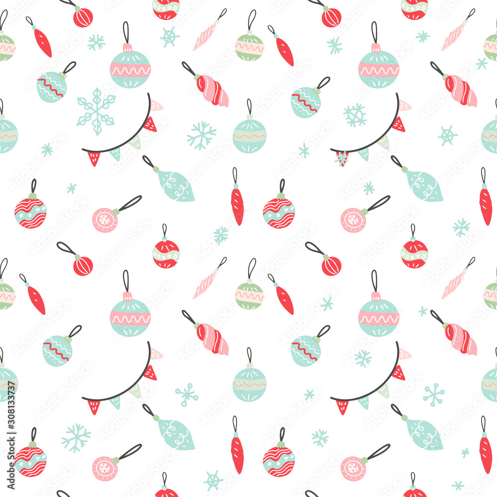 Seamless pattern with Christmas Decor. Only Christmas toys and flag garland in hand drawn doodle style. Can be used as background, packaging paper, cover, fabric and etc. Freehand drawing