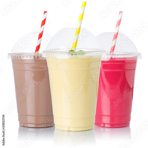 Chocolate vanilla strawberry milk shake milkshake collection straw in a cup isolated on white photo