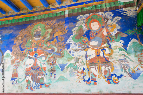 Ladakh, India - Aug 20 2019 - Ancient Mural at Likir Monastery (Likir Gompa) in Ladakh, Jammu and Kashmir, India. The Monastery was Rebuilt in 1065.