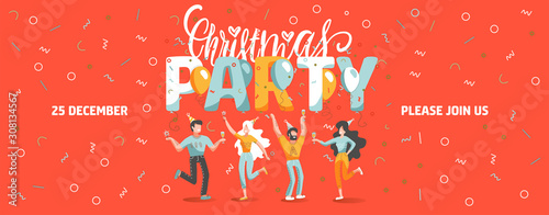 Photography invitation ticket template to Christmas party with funny people dancing and drinking wine