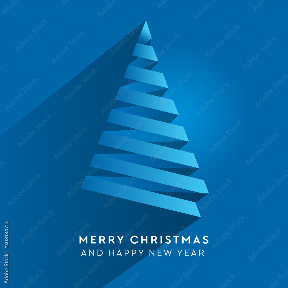 Simple christmas tree made from paper stripe - original new year card. Volume blue paper cut fir like arrow with shadow. Simple christmas tree made from paper stripe - original new year card. Volume blue paper cut fir like arrow with shadow.