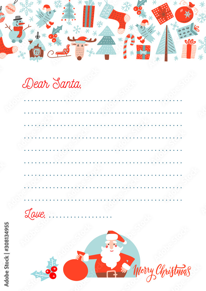 A4 Christmas letter to Santa Claus template. Decorated paper sheet with ...