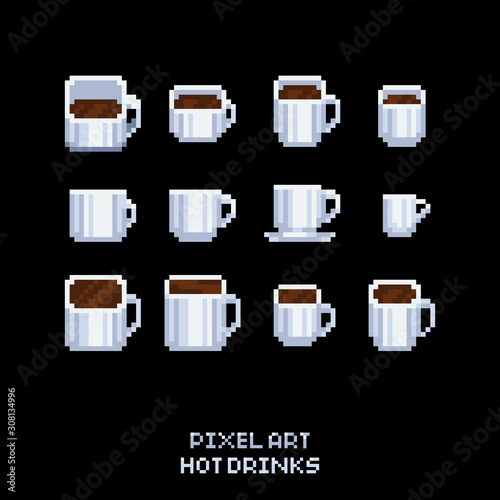 Vector pixel art icon set - collection of white coffee and tea hot drink mugs - isolated illustration
