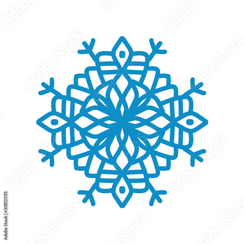 Snowflake icon. Blue silhouette snow flake sign isolated on white background. Flat design. Symbol of winter Christmas, New Year holiday. Graphic element decoration hand drawn illustration