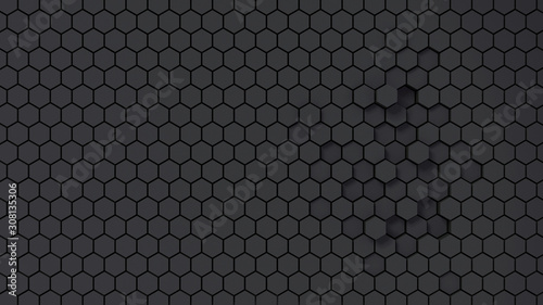 Abstract black hexagon texture background; dark grey wallpaper pattern, 3d illustration, 3d rendering
