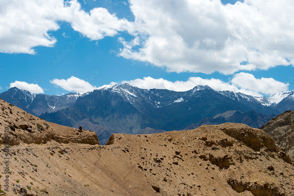 Ladakh, India - Aug 21 2019 - Beautiful scenic view from Between Likir and Yangtang in Sham Valley, Ladakh, Jammu and Kashmir, India.