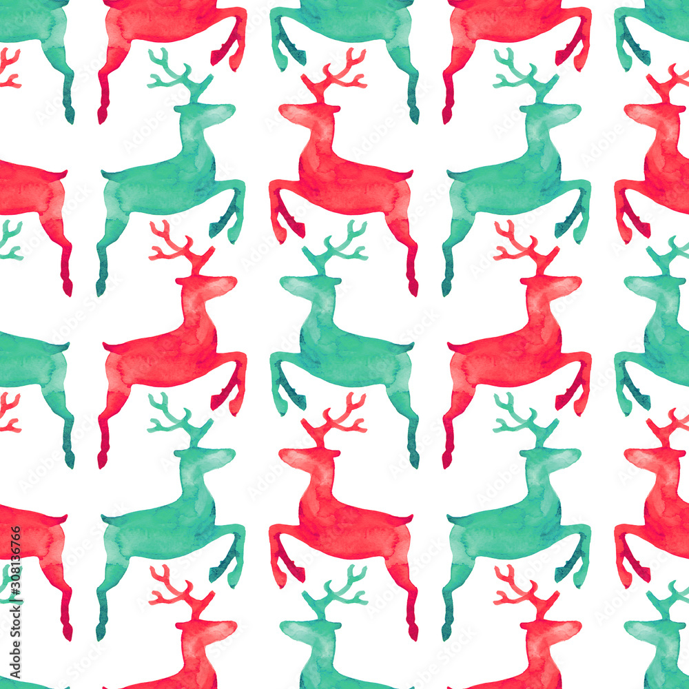 Watercolor illustration of painted red and green ink Christmas holiday deer pattern set