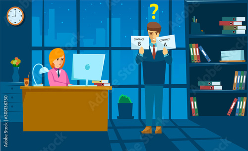 Confused businessman gets two contract offers and decides which one to take. Job offer, difficult to choose. Flat style. Vector illustration