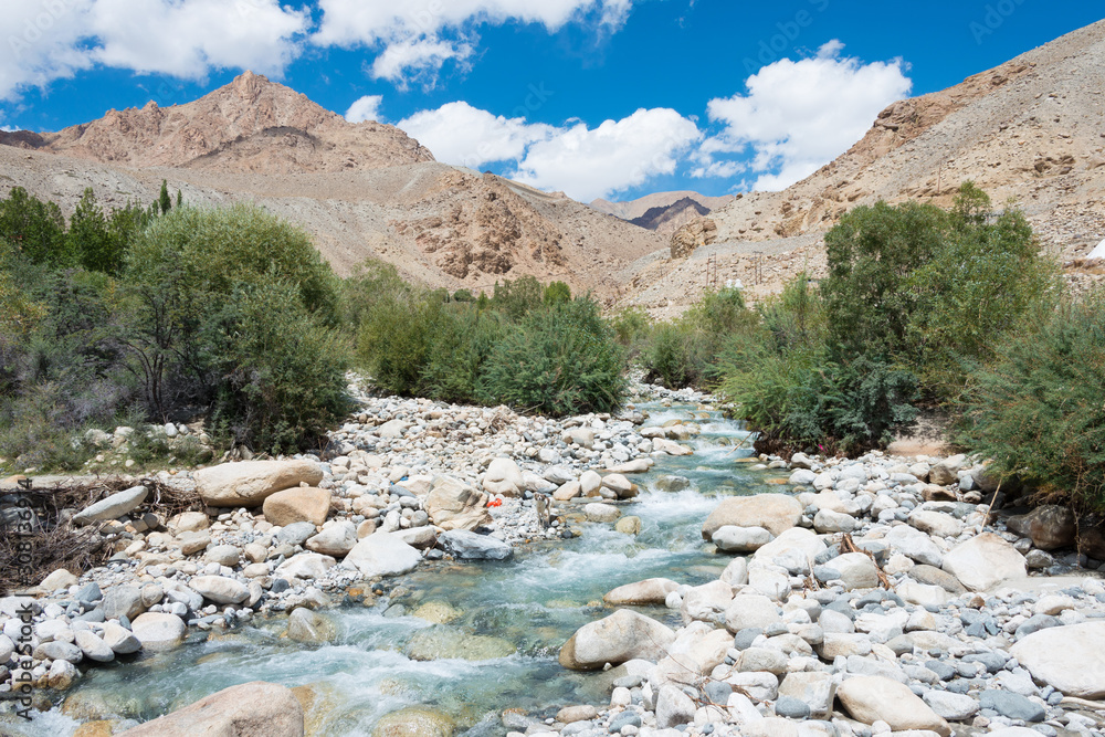 Ladakh, India - Aug 21 2019 - Beautiful scenic view from Between Likir and Yangtang in Sham Valley, Ladakh, Jammu and Kashmir, India. Ladakh, India - Aug 21 2019 - Beautiful scenic view from Between Likir and Yangtang in Sham Valley, Ladakh, Jammu and Kashmir, India.