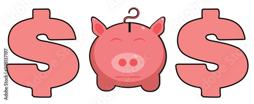 Piggy bank with help sign symbolizing money problems