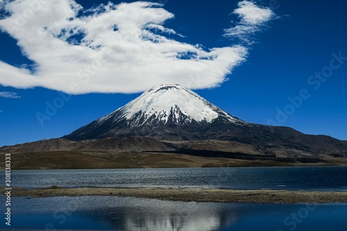 Beautiful volcano Parinacota covered with snow, National Parc Lauca, Chile